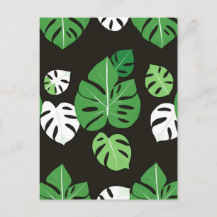 Postal Hojas Tropicales de Monstera en Fondo Negro