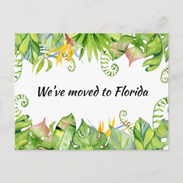 Postal Hojas tropicales Nos hemos mudado a la nueva direc (Anverso)