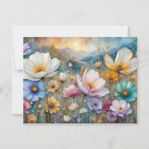 Postal Hojas y cielo de flores de Cosmos coloridas