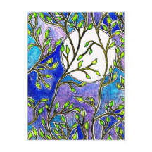 Hojas y luna - acuarelas azules