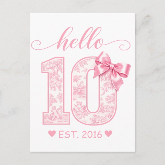 Postal Hola 10 Cumpleaños | Rosa Hola 10 Año Personalizad (Anverso)