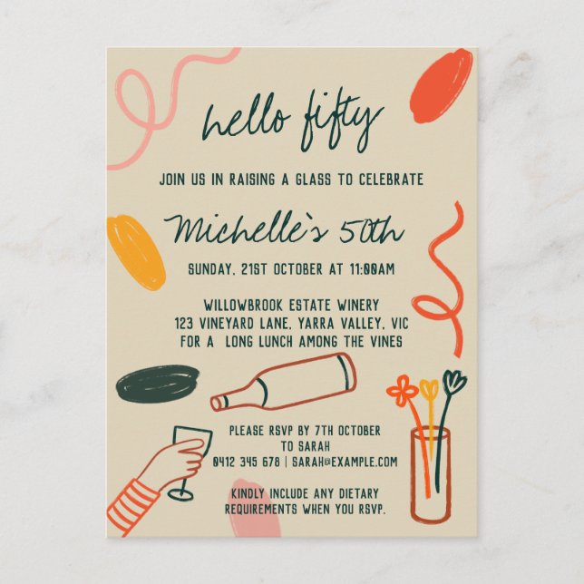 Postal Hola 50 Fifty 50 cumpleaños Bodega Almuerzo (Anverso)