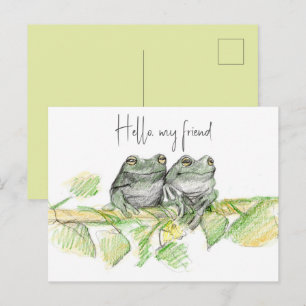Postal Hola Amigos Ranas Rama Árbol Naturaleza Dibujo