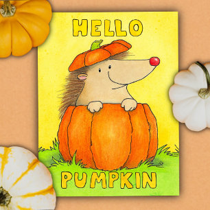 Postal Hola Calabaza - Erizo adorable de otoño 