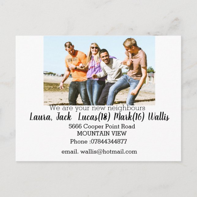 Postal Hola conocer a los vecinos con foto familiar (Anverso)