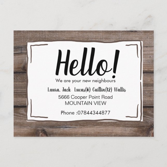 Postal Hola conocer a los vecinos madera rústica (Anverso)