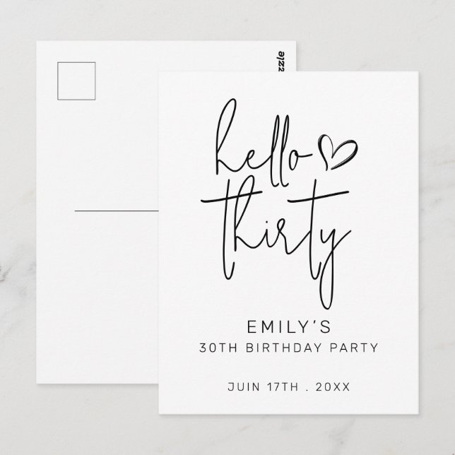 Postal Hola Cumpleaños Treinta Minimalista Blanco y Negro (Anverso / Reverso)