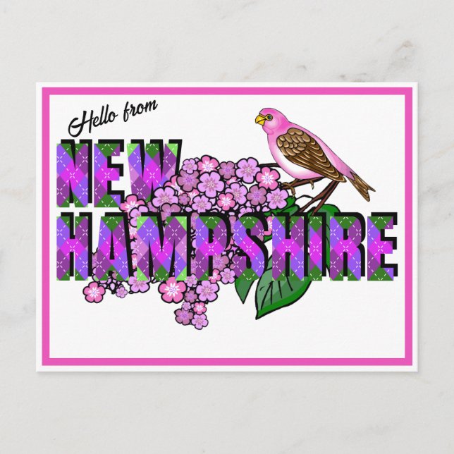 Postal Hola desde New Hampshire Pinzón Púrpura y Lilas (Anverso)