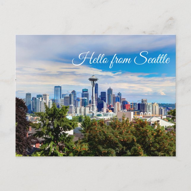 Postal Hola desde Seattle, Washington. Vista del centro (Anverso)