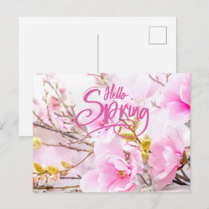 Postal Hola flores de magnolia rosadas de primavera