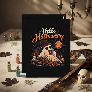 Postal Hola Halloween Fantasma Lindo Bebiendo Café