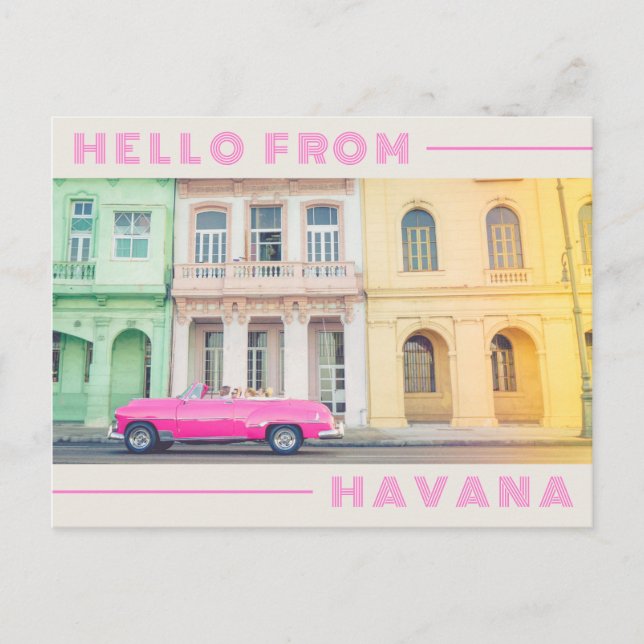 Postal Hola, Havana Retro Pink Car & Architecture (Anverso)