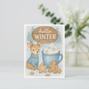 Postal Hola Invierno.Rínter acogedor, Cacao caliente, Gin