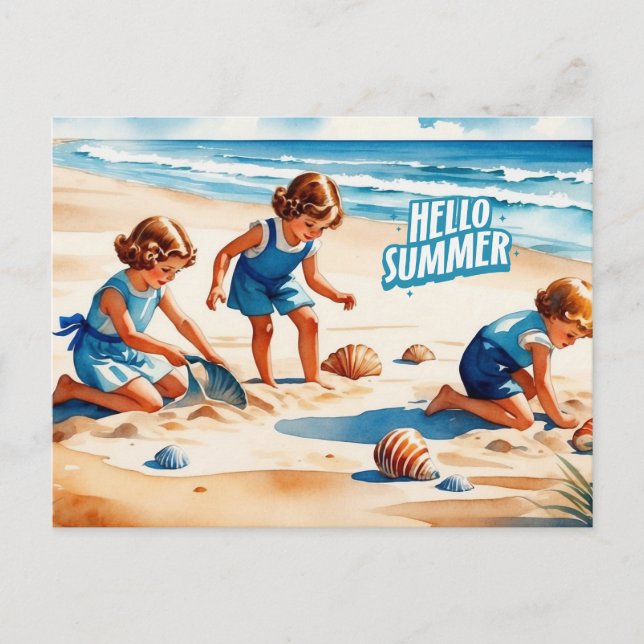 Postal Hola niños de verano retro jugando en una playa (Anverso)