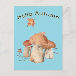 Postal Hola Otoño Dry Leaf Mushroom Watercolor