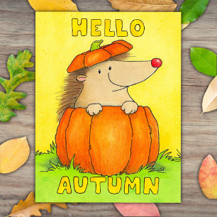 Postal Hola Otoño - Erizo Lindo en una Calabaza