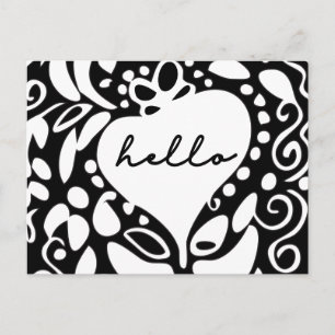Postal "Hola" Patrón de corazones, hojas en negro y blanc
