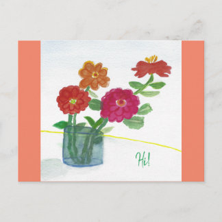 Postal ¡Hola! Pensando en ti pintaba flores en un jarrón