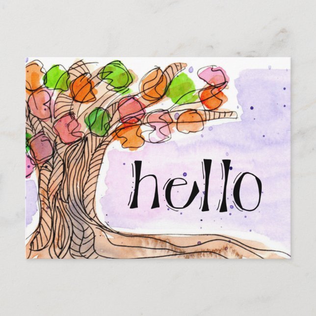 Postal Hola y gracias - Divertido árbol flotante acuarela (Anverso)