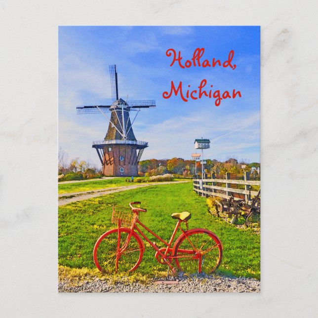 Postal Holanda, Michigan/Molino de viento, bicicleta, col (Anverso)