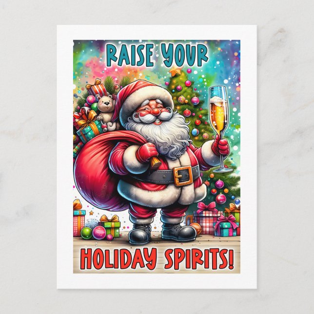 Postal Holiday Party Santa – Champagne, Tree & Teddy Bear (Anverso)