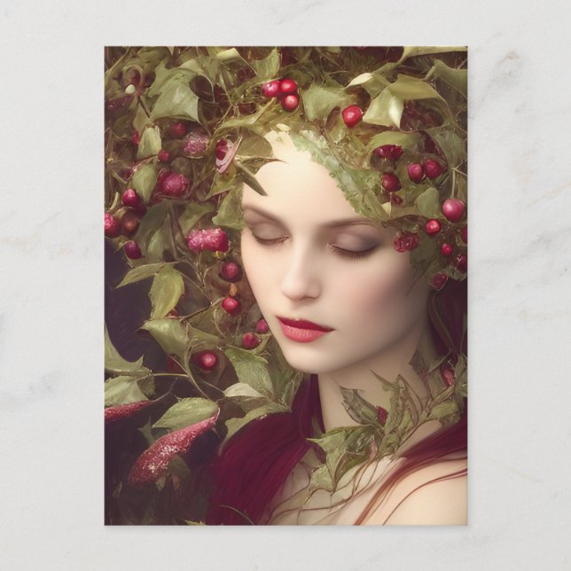 Postal Holly Berries Hermoso Retrato De Mujer (Anverso)