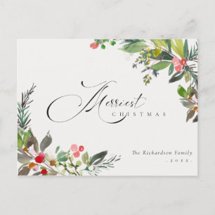 Postal Holly Berry Pine Red Green Merriest Navidades