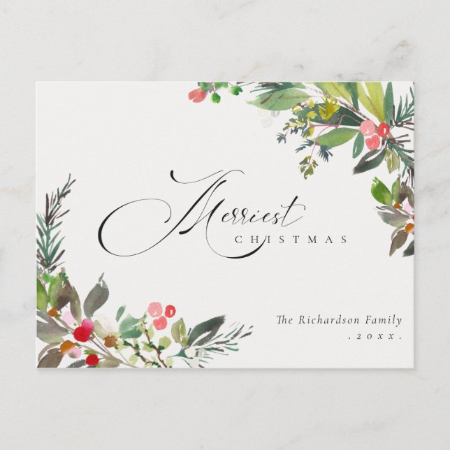 Postal Holly Berry Pine Red Green Merriest Navidades (Anverso)