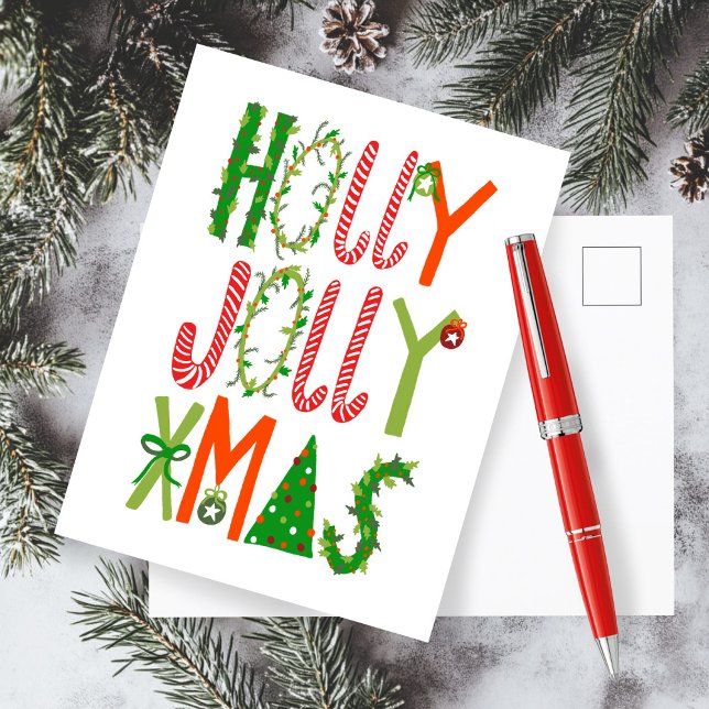Postal HOLLY JOLLY XMAS Letters Navidades de vacaciones (HOLLY JOLLY XMAS Handlettering Illustration Sweet Holiday Christmas Postcard
)
