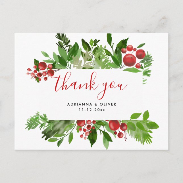 Postal Holly Red Berry Navidades Boda moderno gracias (Anverso)