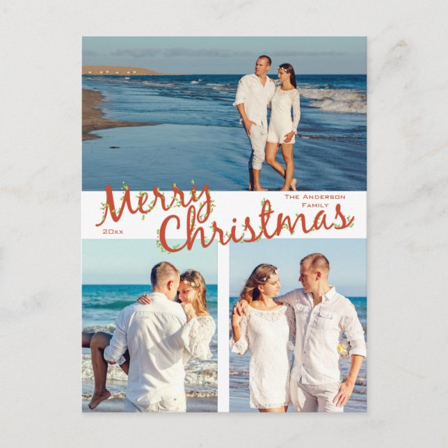 Postal Holly Trimmed Merry Christmas 3 Photo Holiday (Anverso)