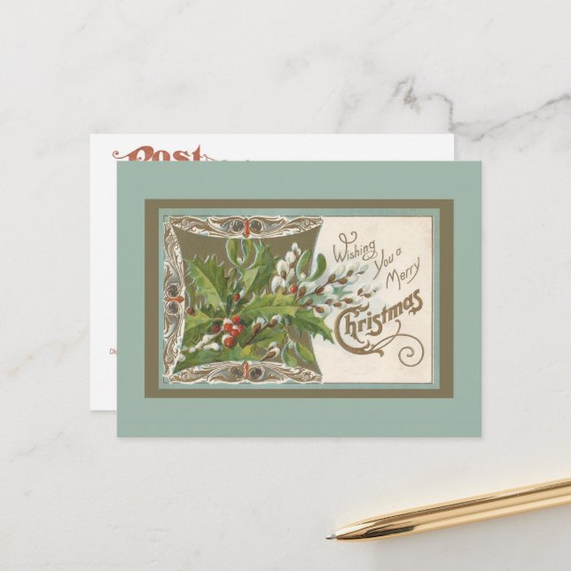 Postal Holly y Pussy Willows sobre la cosecha verde del m (Anverso/Reverso In Situ)