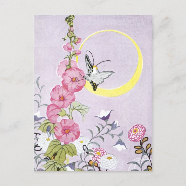 Postal Hollyhock, Dahlia y flores de globo (Anverso)