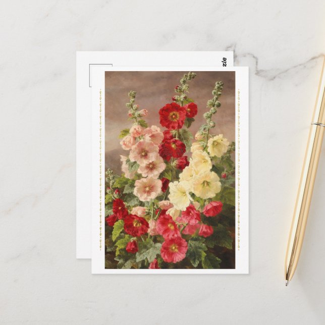 Postal Hollyhocks rojo, blanco y rosa, Christensen (Anverso/Reverso In Situ)