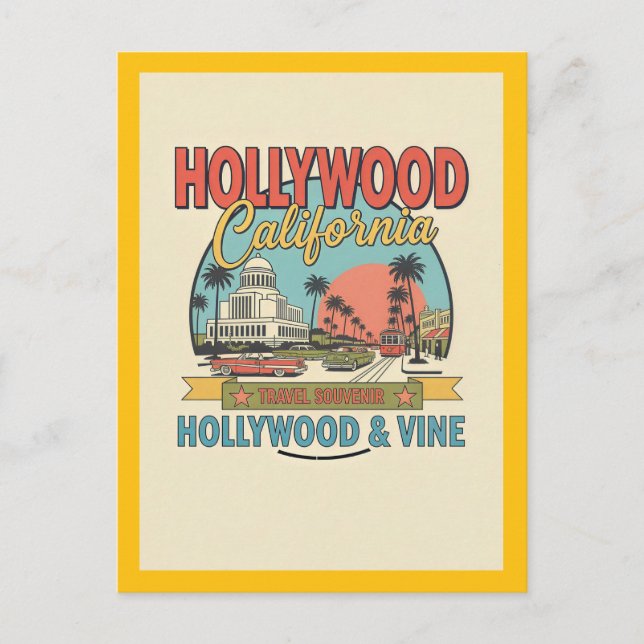 Postal Hollywood, CA – Hollywood y Vine Retro (Anverso)
