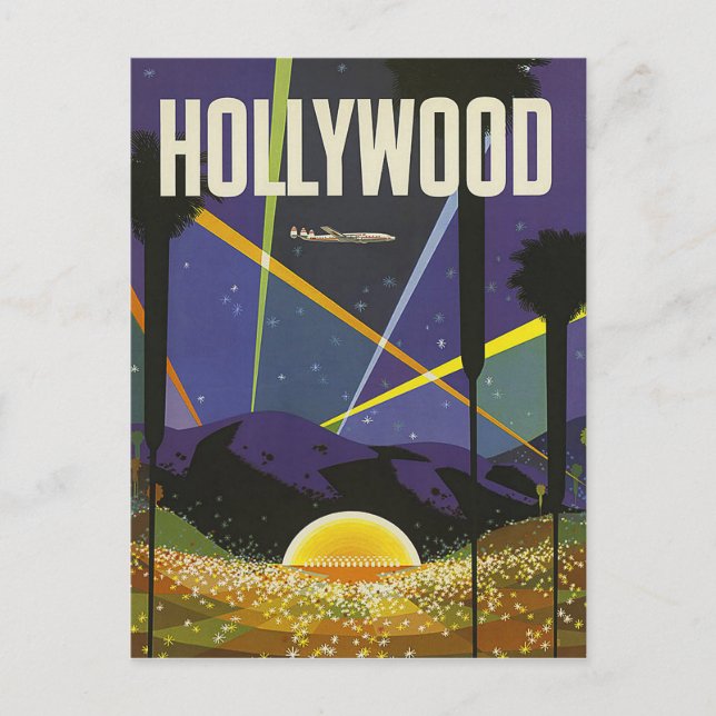 Postal Hollywood, luces reflectantes de noche, vintage (Anverso)