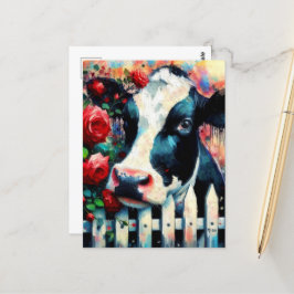 Postal Holstein Cow Picket Fence Red Roses Black Red