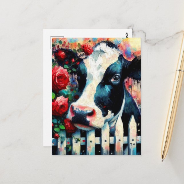 Postal Holstein Cow Picket Fence Red Roses Black Red (Anverso/Reverso In Situ)