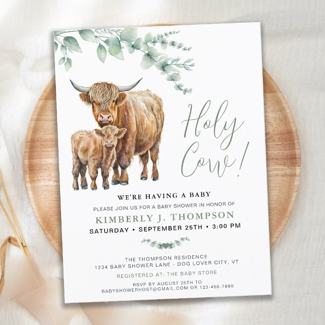 Postal Holy Cow Boho Greenery Highland Cow Baby Shower (Subido por el creador)