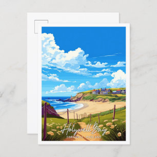Postal Holywell Bay Cornwall England ilustracion de viaje