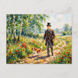 Postal Hombre caminando por sendero de campo con Cavalier