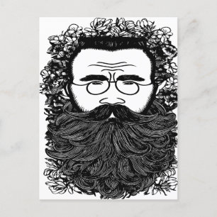 Postal Hombre caprichoso barba bigote flores arte