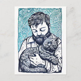 Postal Hombre con barba de Linocut sostiene un gato