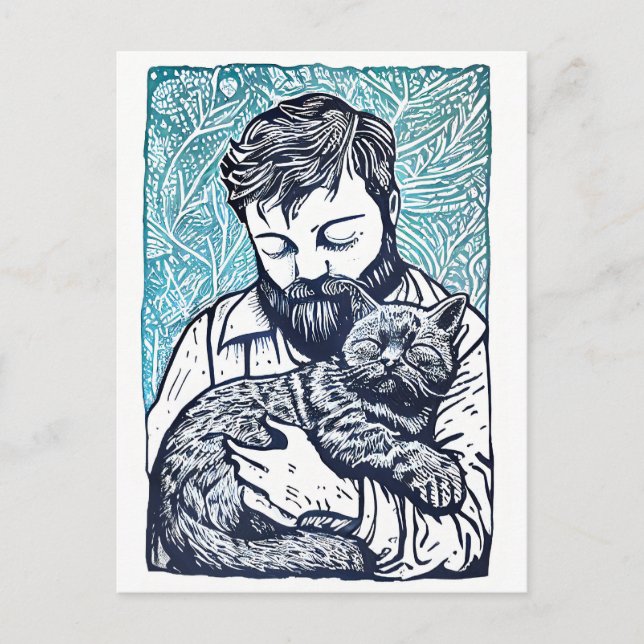 Postal Hombre con barba de Linocut sostiene un gato (Anverso)