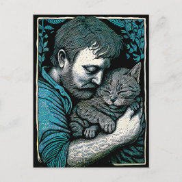 Postal Hombre con barba de Linocut sostiene un gato