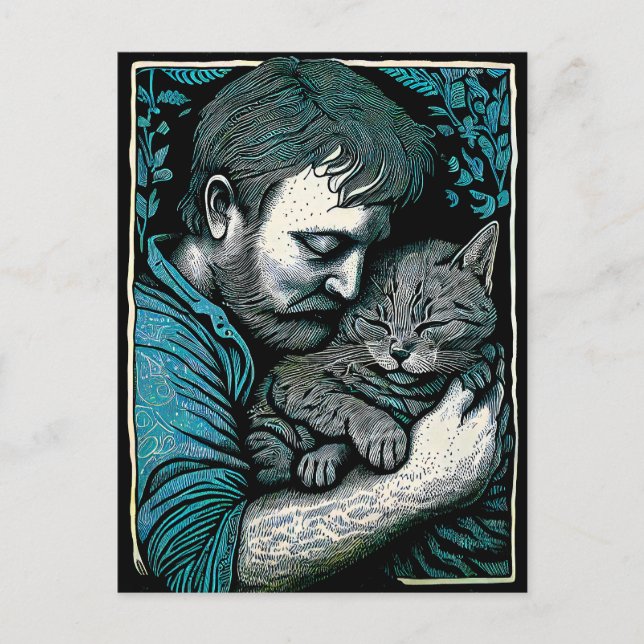 Postal Hombre con barba de Linocut sostiene un gato (Anverso)