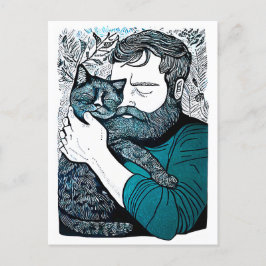 Postal Hombre con barba de Linocut sostiene un gato