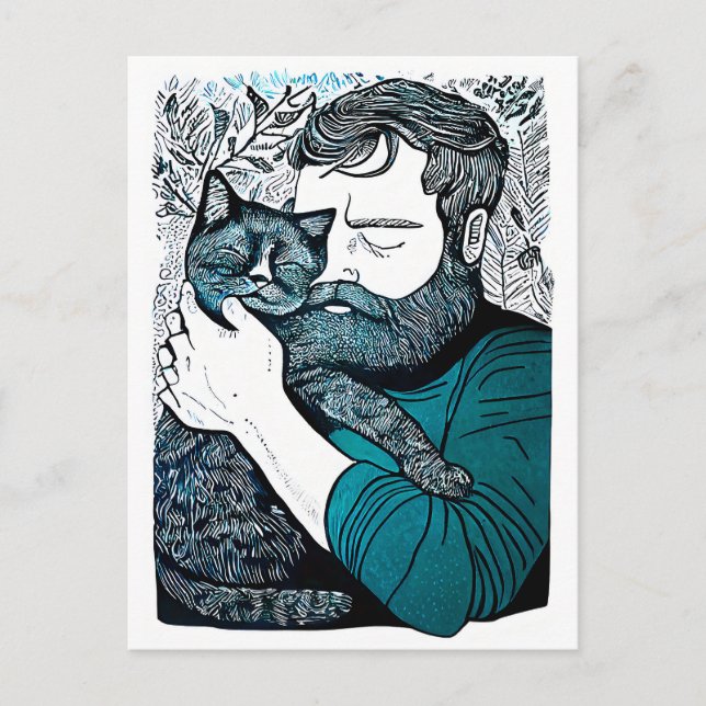 Postal Hombre con barba de Linocut sostiene un gato (Anverso)