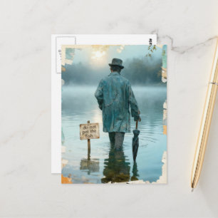 Postal Hombre Con Paraguas No Acariciar al Pez Surrealist
