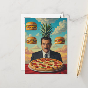 Postal Hombre con pizza y hamburguesas con queso en el ci